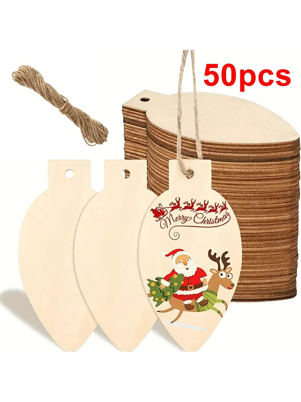 25/50pcs Christmas Wooden Light Bulbs - with 10m Hemp Rope DIY Blank Hanging Ornaments, Signs, and Paintings! Christmas, Hallowe