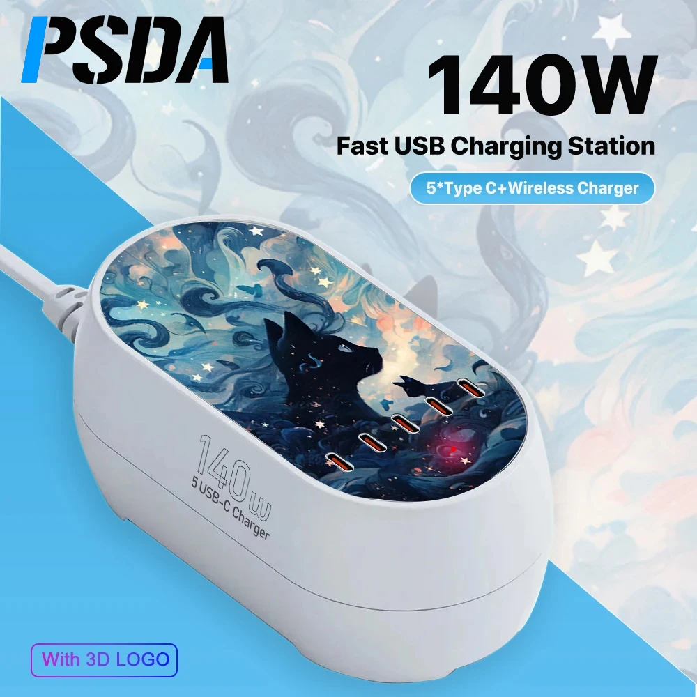 PSDA 3D 140W GaN 6-in-1 Desktop Quick Charging Dock Station for Tablets Phones USB C PD100W 30W Charging Stand