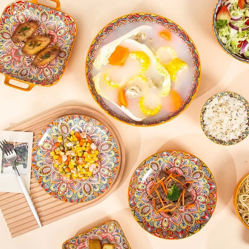 Nordic Retro Pretty Bowl Ceramic Tableware Bowls for Food Dishes Western Food Plate Household Colored Glazed Bowls and Plates