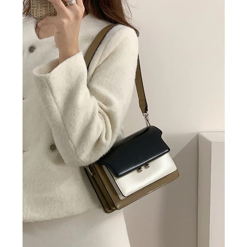 ZR DIARY Underarm Bag Women Split Leather New Contrasting Color Single Shoulder Crossbody Bag Small Square Accordion Bag W11036