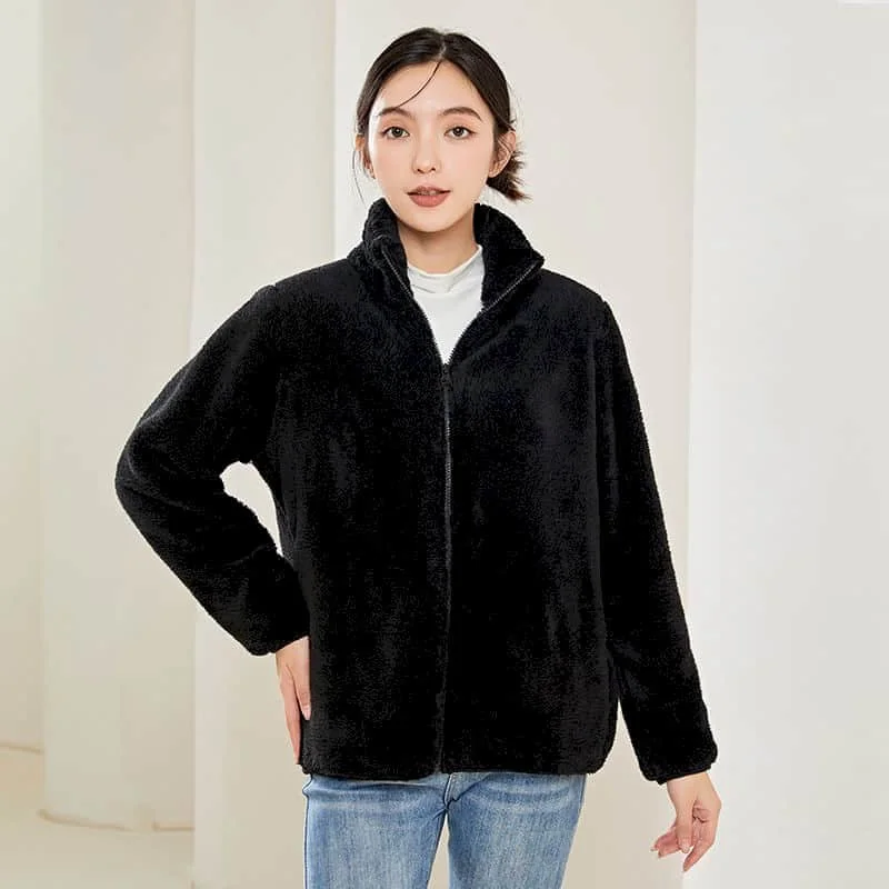 

Plush Coats for Women Stand-up Collar Long Sleeve Casual Retro Jackets Loose Coral Velvet Winter Autumn Zipper Design Clothes