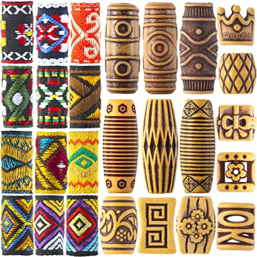 

54 PCS Hair Jewelry Braids Fabric Dreadlock Beads Vintage Locks Hair Clips African Tube Beads Simulation Wood Dreadlock Accesso