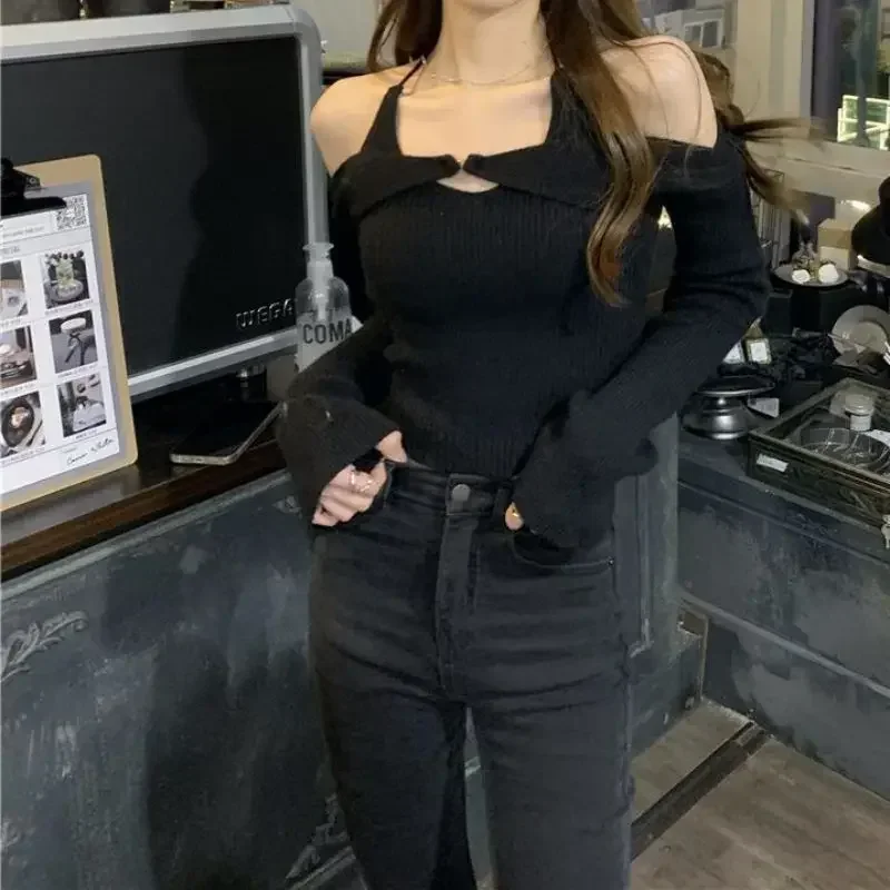 

Y2K Slash Neck Knitted Sweater Women, Sexy Off Shoulder Halter Crop Top Blue Pullover