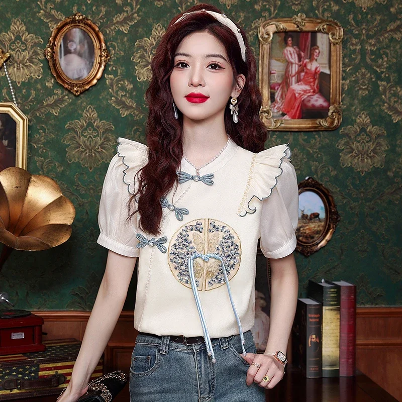 Summer Short Sleeve Women Shirt Ruffles Beading Embroidery Chiffon Shirt Blouse Women Tops Blusas Mujer De Moda 2024 Verano H754