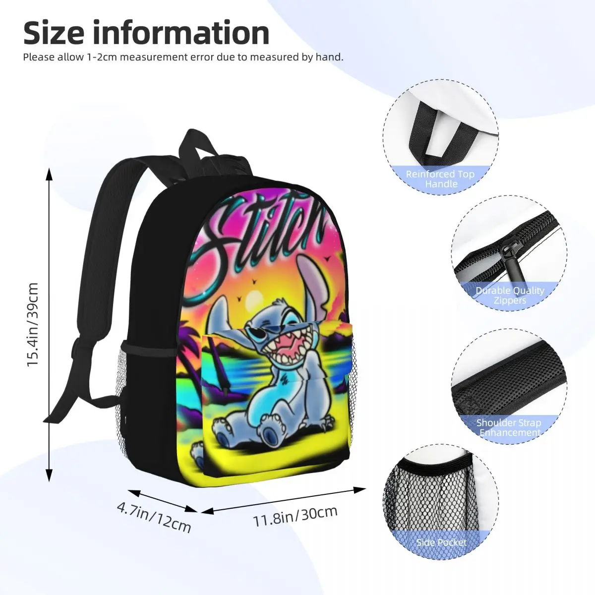 Mochila compacta Disney Stitch de 15 polegadas – Bolsa leve e elegante, perfeita para estudantes e viajantes