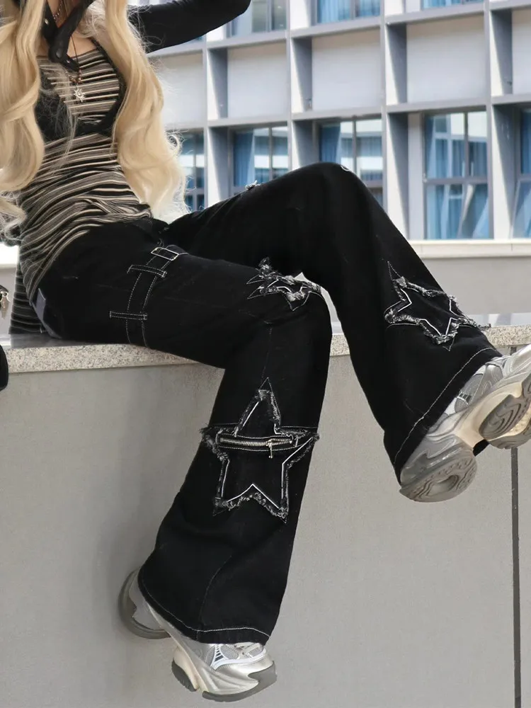 2025 American Retro Y2K Style Star Ricamo Nero Slim Jeans da donna Pantaloni Streetwear Abbigliamento donna Pantaloni lunghi di nuova moda