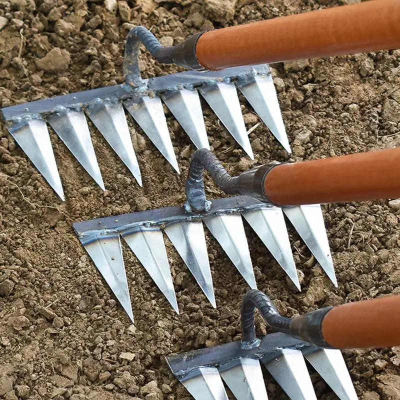 4-7 Teeth Iron Gardening Hoe Weeding Rake Farm Tool Grasping Raking Loosening Soil Nail Rake Tool Artifact Harrow Farm Tools