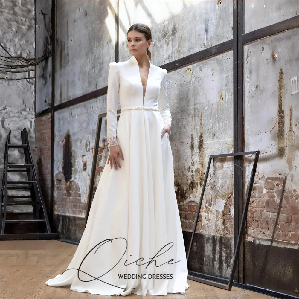 QICHE Vintage Satin Long Sleeves A-Line Wedding Dress With Pockets Deep V-Neck Lace Bridal Gowns Customized Vestidos De Novia