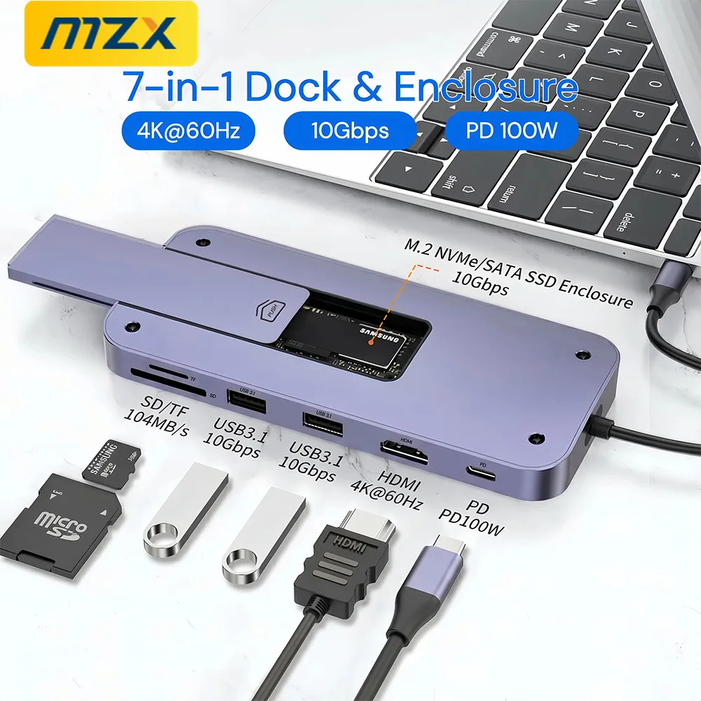 MZX 10Gbps USB 3.2 C Docking Station Hub with M.2 NVMe SATA SSD Enclosure HDMI-Compatible 4K 60Hz PD 100W Multiport Adapter Dock
