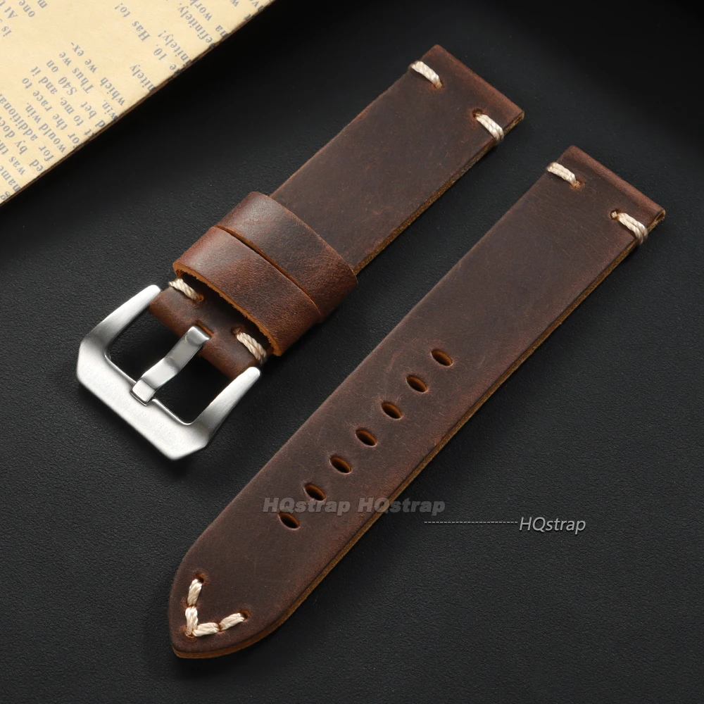 Pulseira de relógio de couro crazy horse vintage, pulseira de couro de vaca com costura artesanal para panerai 18mm 20mm 22mm 24mm 26 pulseira smartwatch