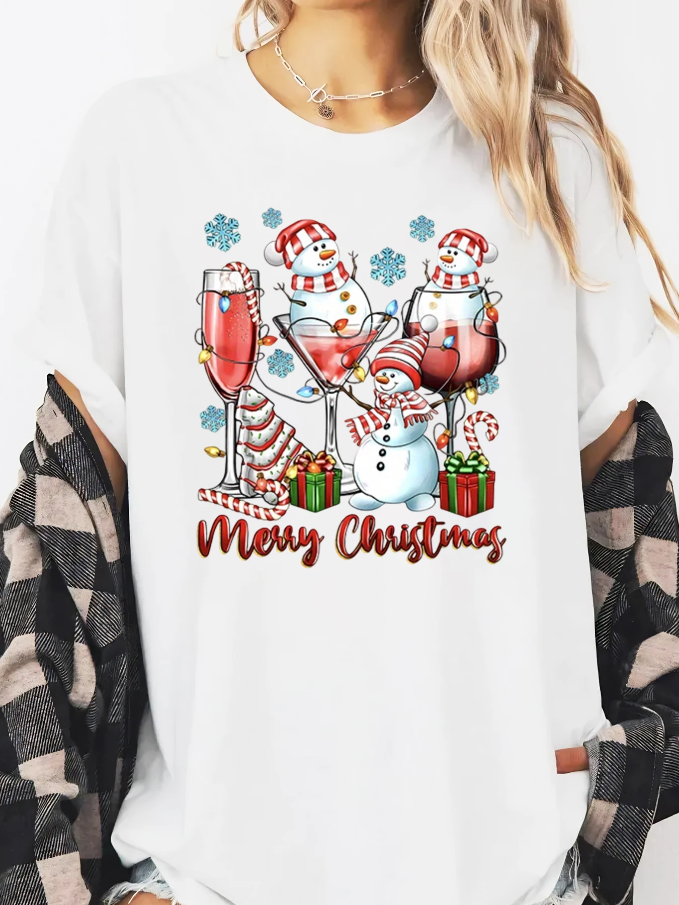 

Snowman Cocktail Merry Christmas Print Long Sleeve T-shirt Women Casual Holiday Party White Plus-size