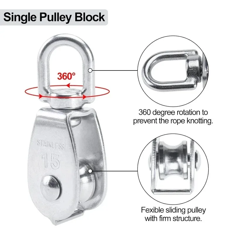 2PCS Heavy-Duty Stainless Steel M15 Marine Single Wheel Swivel Pulley Block Lifting Rope Pulley For Heavy Duty Cable Rope