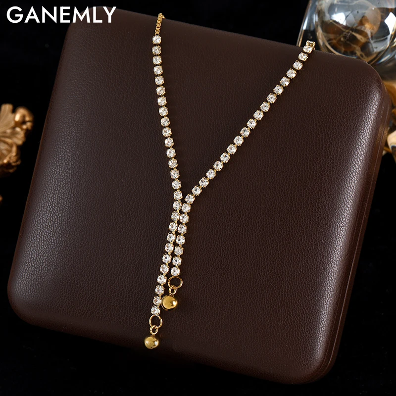 GANEMLY 316L Stainless Steel Sparkle Zircon Tassel Pendant Necklace For Women New Party Gift Stylish Dangle Neck Chain Jewelry