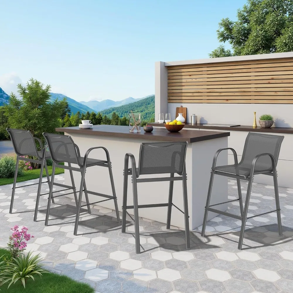 

Outdoor Bar Stool Set of 4, Patio Bar Chairs with High Back and Metal Armrest, All Weather Textilene Tall Outdoor Bar Height
