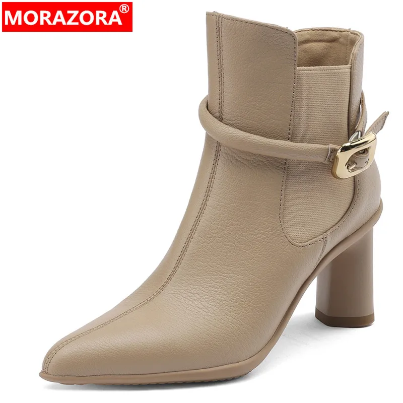 

MORAZORA 2024 New Pointed Toe Sheepskin Leather Spring Boots Office Ladies Ankle Boots Buckle Thick High Heels Shoes