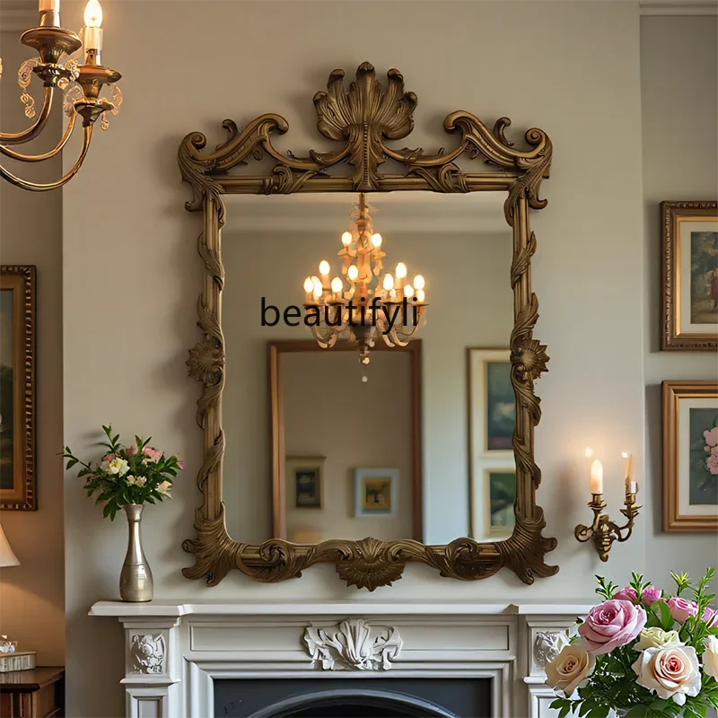 

12French Light Luxury Bathroom Mirror Home Living Room Wall-Mounted Mirror American Carved Classical Fireplace Decorative Mirror