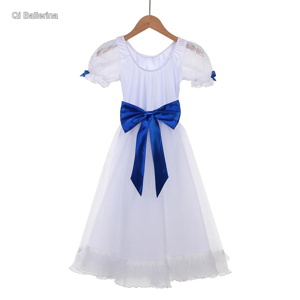 white dresses with blue satin sashes Girls in White Dresses With Blue Satin Sashes