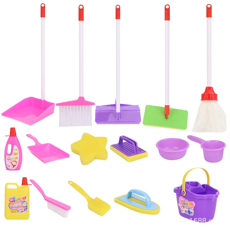 16 pçs/set crianças limpeza pá vassoura brinquedo de limpeza bebê mop mini conjunto de ferramentas jogar casa brinquedo