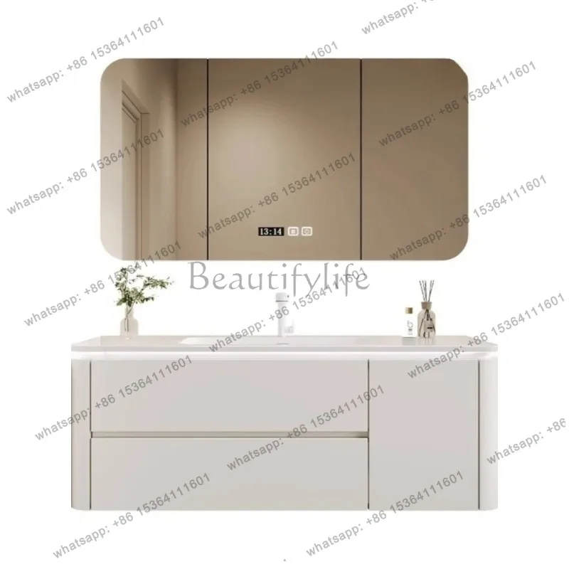 YJ Skin Sense Integrated Basin Bathroom Cabinet Oak Washstand Combined Wash Pool Ceramic Integrated Basin Mirror Cabinet