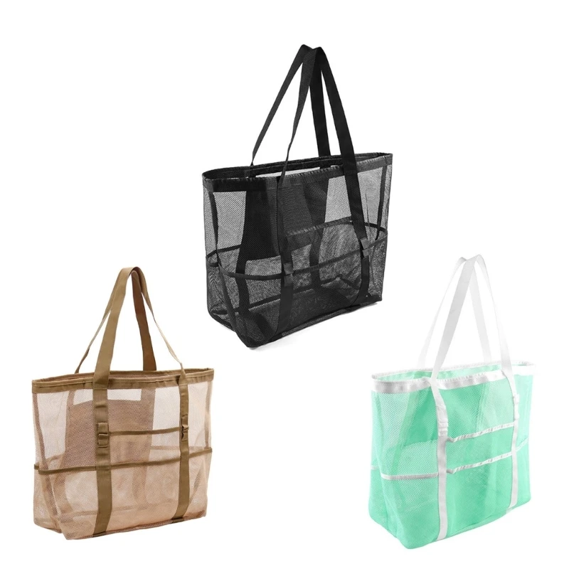 Oversized Mesh Beach Handbag with Secure Multiple Pocket Storage Bag for Travel Shopping and Everyday Use R66E