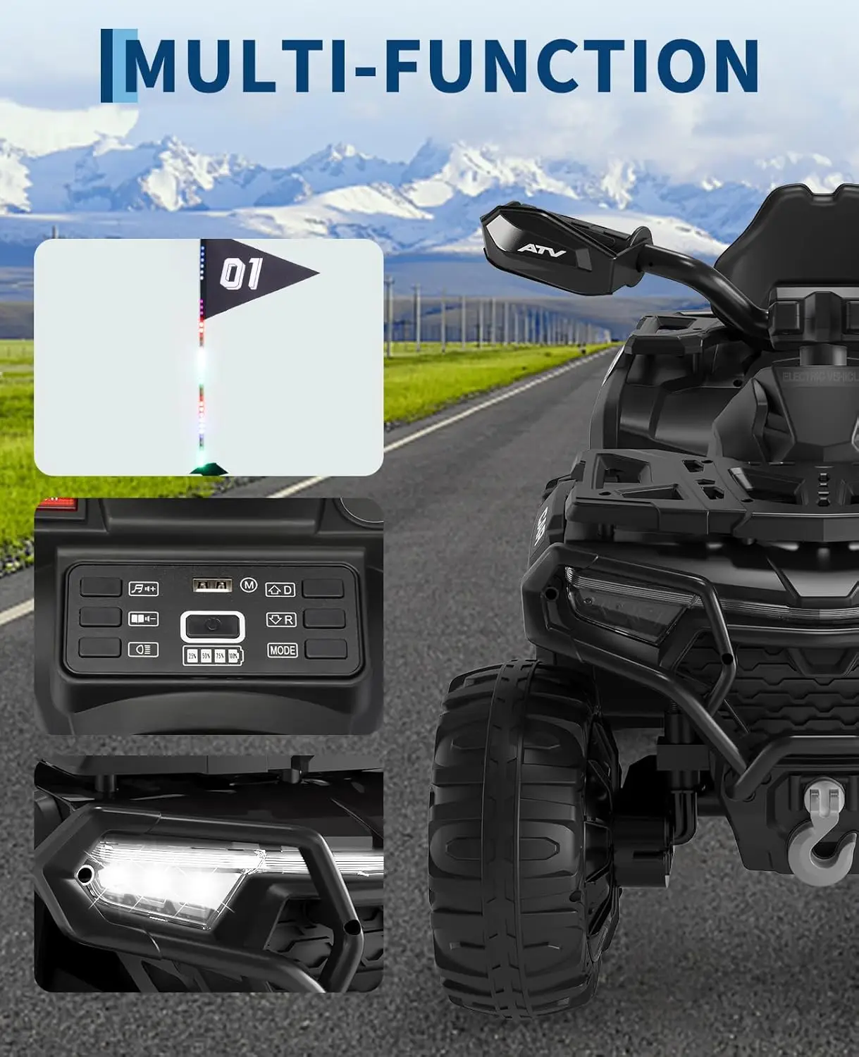 أطفال كهربائي رباعي 12 فولت مع جهاز تحكم عن بعد الوالدين/2 محركات/أضواء LED/بلوتوث/USB/الموسيقى، ألعاب ركوب الطرق الوعرة ATV 4 عجلات #5