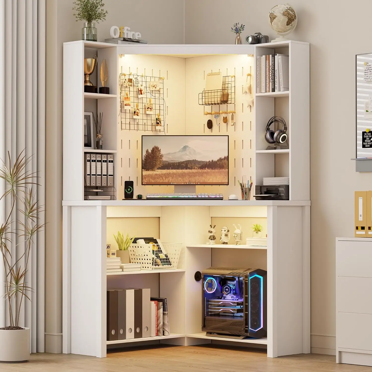 L Shaped Corner Computer Desk with LED Lights Hutch Shelves  Station File Cabinet Bookshelf for Small Home Office