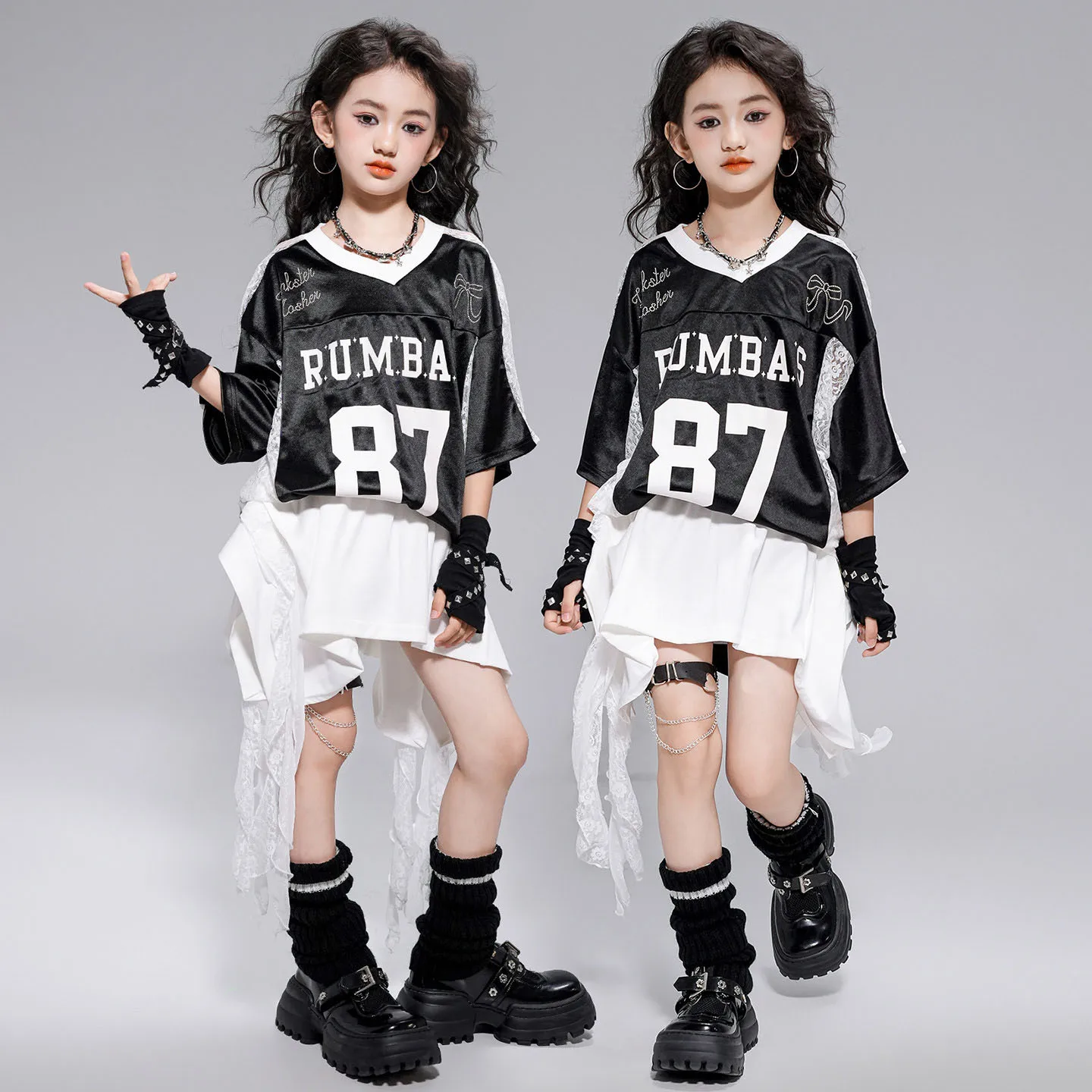

Kid Kpop Hip Hop Clothing Black Print V Neck T Shirt White Street Lace Hem Mini Skirt for Girl Jazz Dance Wear Costumes Clothes
