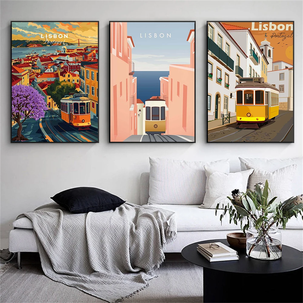 Lisbon Wall Art Poster Travel Art Prints Portugal Minimalist Canvas Painting South of France Prints Norway Fjords Travel Decor