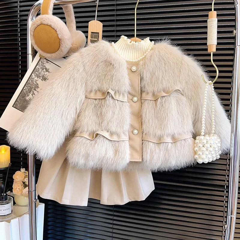 Winter Girls Faux Fur Coats Fashion Warm Thick Kids Jackets Fleece Bottoming Shirt Leather Skirt Children Clothing Outwears 2-8Y