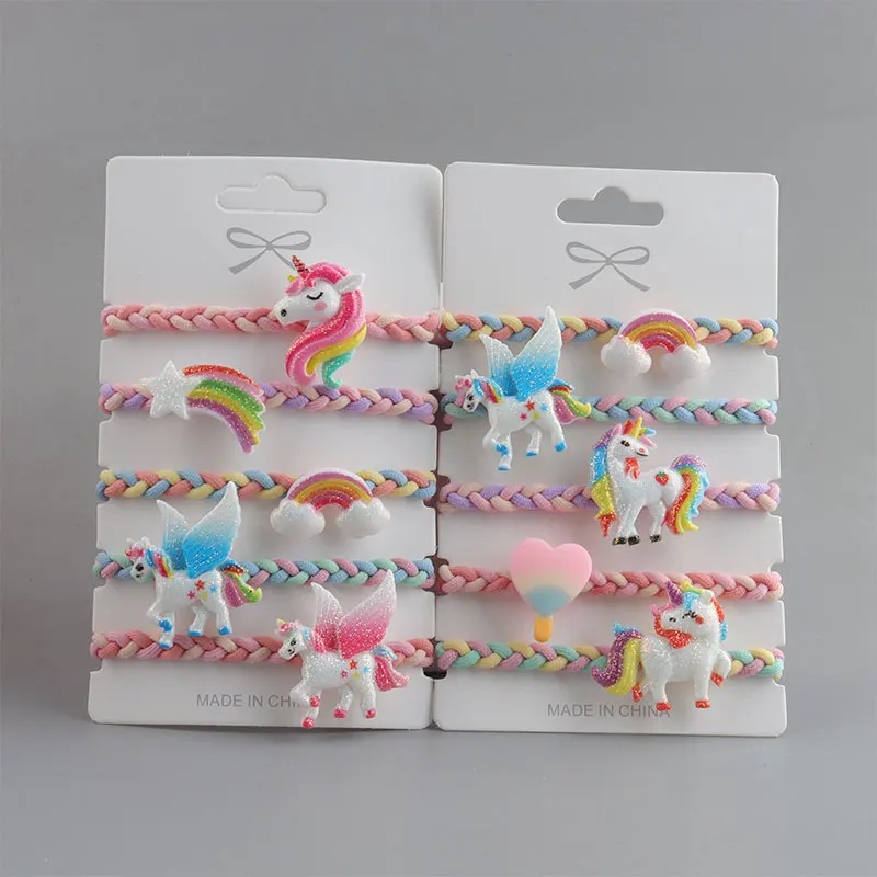 【 5 PCS/Card 】Unicorn Rainbow Hair Loop Headband Set Cartoon Hair Accessories Children\'s Rubber Band Headband Bracelet Dual Use