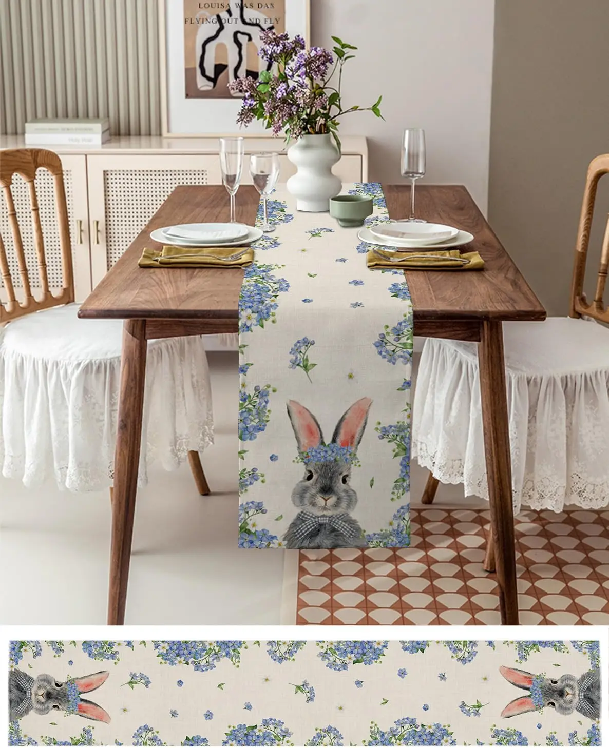 Happy Easter Bunny Rabbits Hydrangea Linen Table Runner Dresser Scarf Spring Blue Flowers Table Runners Easter Party Decorations