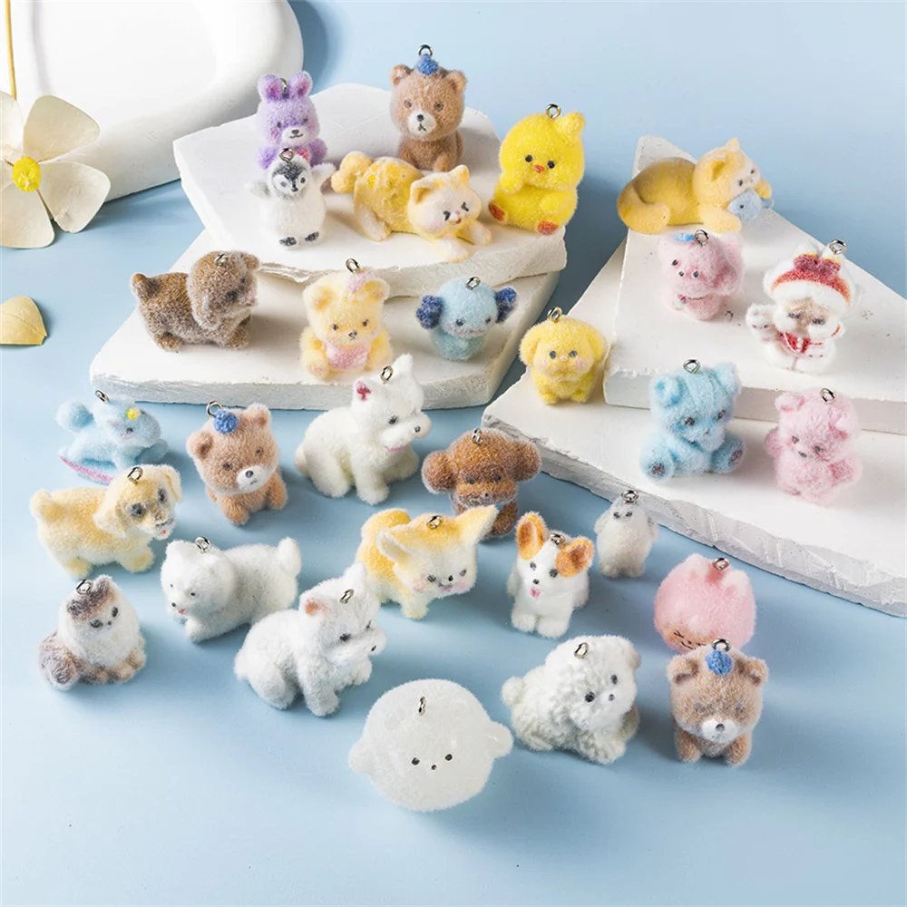 10pcs 3D Flocking Resin Duck Bear Animals Charms Kawaii Animal Pendant for Keychain Earring Making DIY Jewelry Accessories