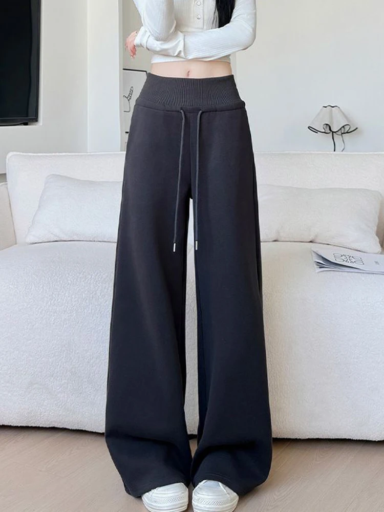 المرأة عادية فضفاض Sweatpants خمر الكورية عالية الخصر الدانتيل يصل بنطلون مستقيم خريف جديد أنثى بسيطة الصلبة بنطال ذو قصة أرجل واسعة