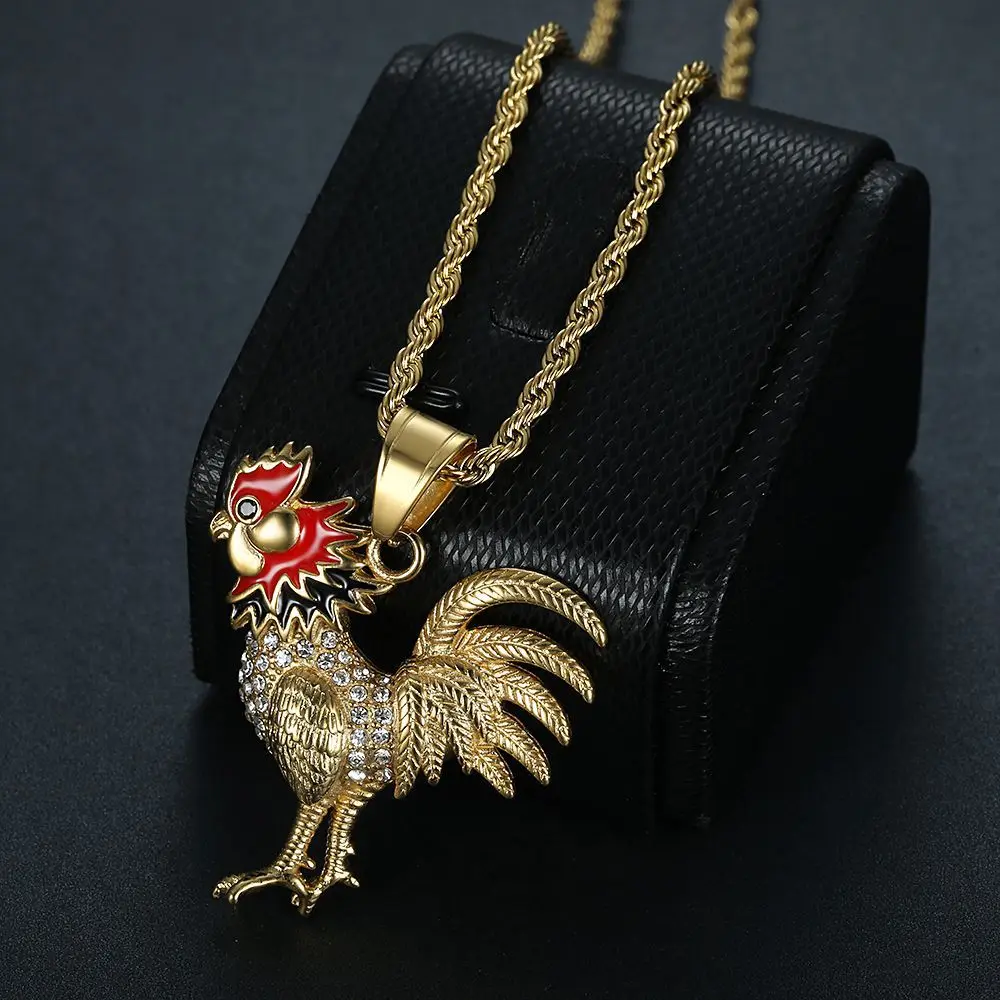 Stainless Steel Titanium Hip Hop Bling Chicken Cock Animal Pendant Collar Chains Punk Necklace for Men Women Gift Jewelry