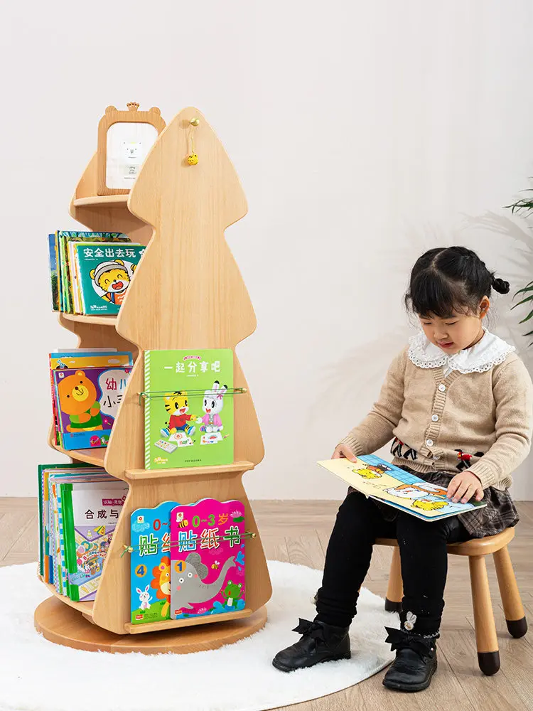 Pine tree picture book rack, all solid wood storage and learning multi-layer log color 360-degree solid wood
