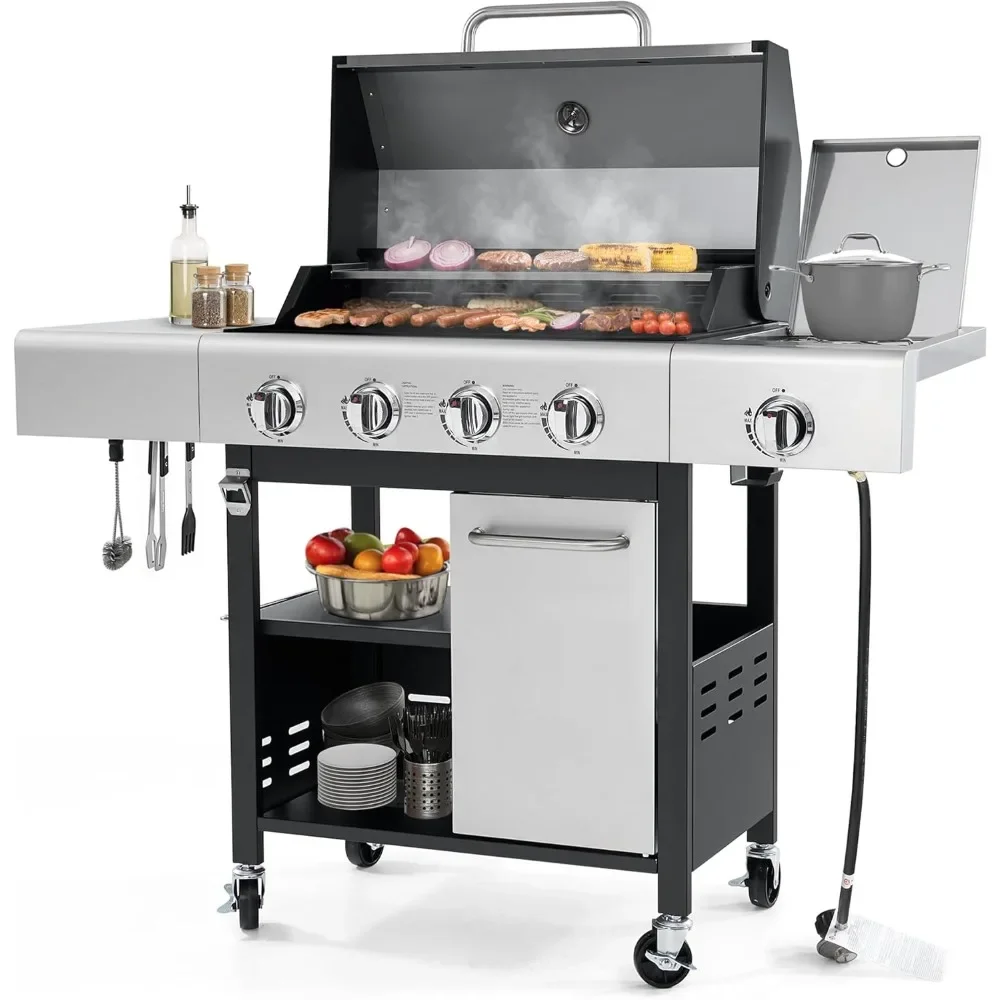 

4-Burner Propane Gas Grill with Side Burner & Cabinet, 50,000 BTU Outdoor BBQ Grill with Porcelain-Enameled Cast Iron Grates, St