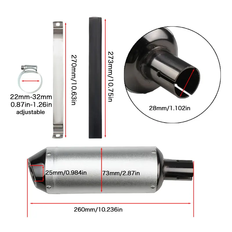 28mm Silver Universal Motocross Motorcycle Exhaust Muffler Tip Pipe for 125 150 160cc Dirt Pit Bike Exhaust ATV CQR