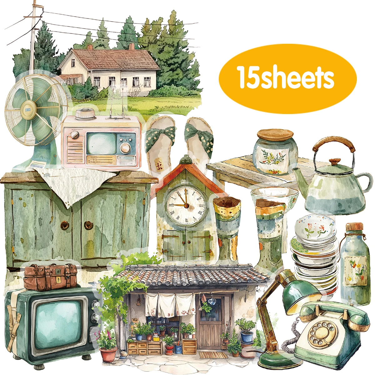 

15 шт., старые предметы бабушки, ретро воспоминания, наклейки для домашних животных для ноутбука, чехлы для телефонов, наклейки на сумки, скрапбукинг