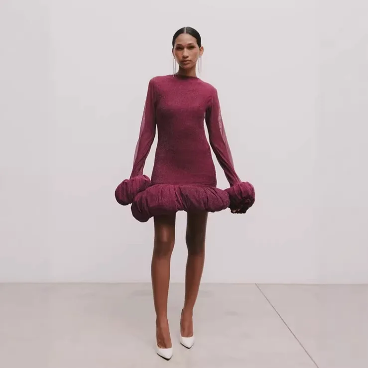 

Elegant Long Sleeve Gown with Golden Thread And Wine Red Color for Women Fashionable Party Dress Cross-Border Luxury Design