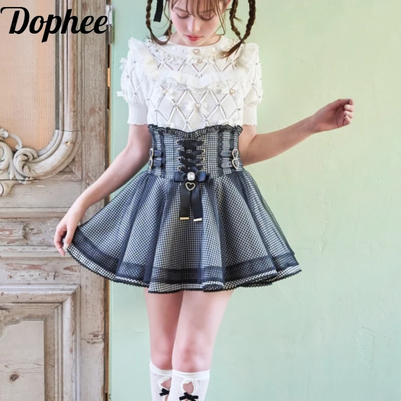 Dophee-Falda acampanada de cintura alta para mujer, minifalda gótica Y2k Lolita Love con lazo de diamantes de agua, botón de cuero, estilo japonés, combina con todo