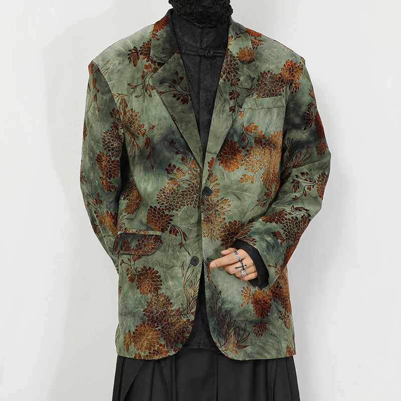 NDNBF 2024 Spring New Green Suit Coat Men's Large Size New Chinese Flower Flocking Loose Small Suit Coat