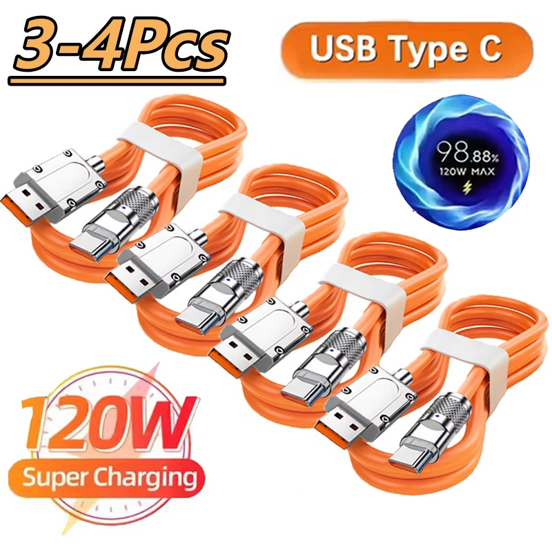 3/4PCS 120W Super FastCharge Type-C Liquid Silicone Cable Quick Charge USB C Lines For Xiaomi Huawei Samsung USB Phone Data Wire