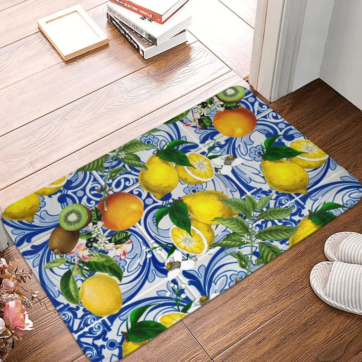 Summer Lemon Fug Blue Flower Welcome Doormat Decor Carpet for Living Room Bathroom Anti-slip Bedroom Floor Mat Home Decoration