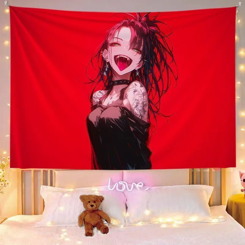 VIKAMA White Line Drawing Anime Girl Biting Finger Tapestry Home Art Piece Wall Decor Bedroom Dorm Minimalist Soft Durable Cozy