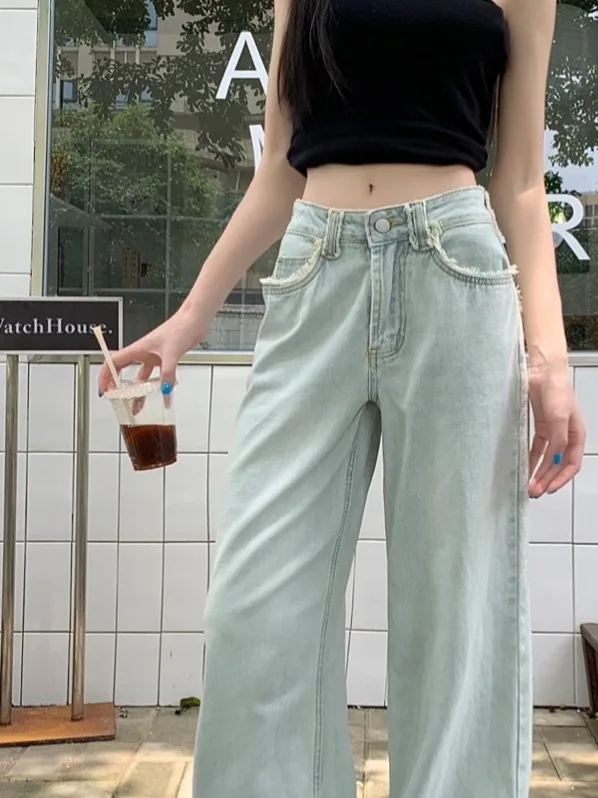 بنطلون جينز نسائي واسع الساق بخصر عالٍ، تصميم صيفي جديد 2025، يمنح إحساسًا بالرشاقة، فضفاض بطول الأرض، على الطراز الكوري