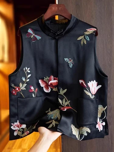 신상 중국식 자수 실크 조끼 여성용 봄 가을 얇은 외투 민족 스타일 얇은 탑 코트