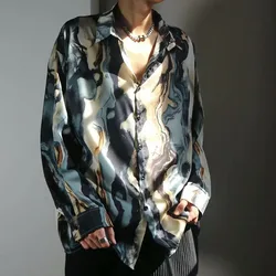 Camisa de manga larga con estampado gráfico para hombre, ropa de calle con botones y solapa, estilo Y2K, Harajuku, Otoño, 2023