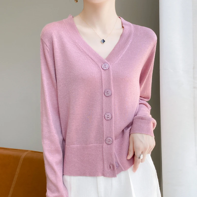 

100% Imitation Wool Knitted Women's Clothing V-neck Cardigan Korean Version Fashionable Gold Border Top Spring And Autumn NJR336