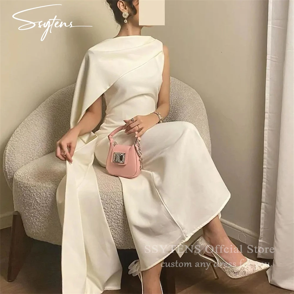 

Simple White Ivory Evening Dresses With Jacket Saudi Arabic Women Party Dress Dubai Ankle Length Formal Occasion Prom Gowns