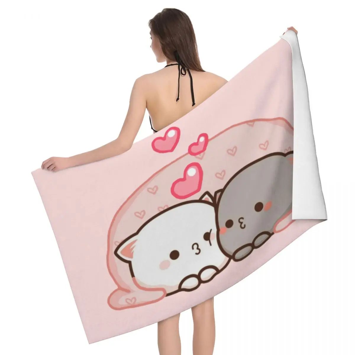 Honey Peach Cat Cartoon Beach Towel Quick Drying Cute Microfiber Bath Beach Towel Sauna Bathroom Travel Picnic Women Couple Gift